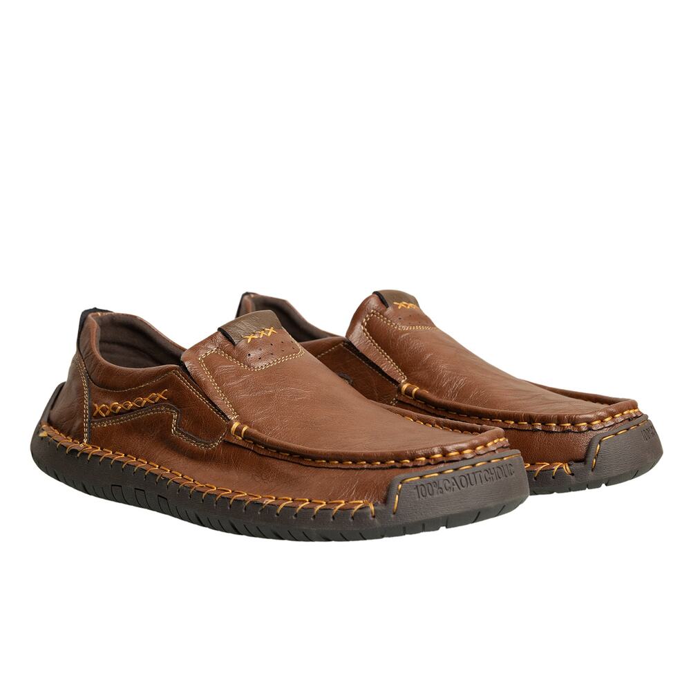 Men's Brown Handmade 100% Caoutchouc Moc-Toe Loafers NWOB - Size 47